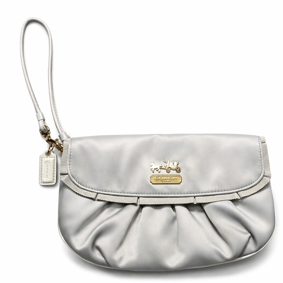 Coach Ruffel Collection Coach | Bags | Coach Silver Satin Wristlet Clutch Ruffle Trim Horse ...